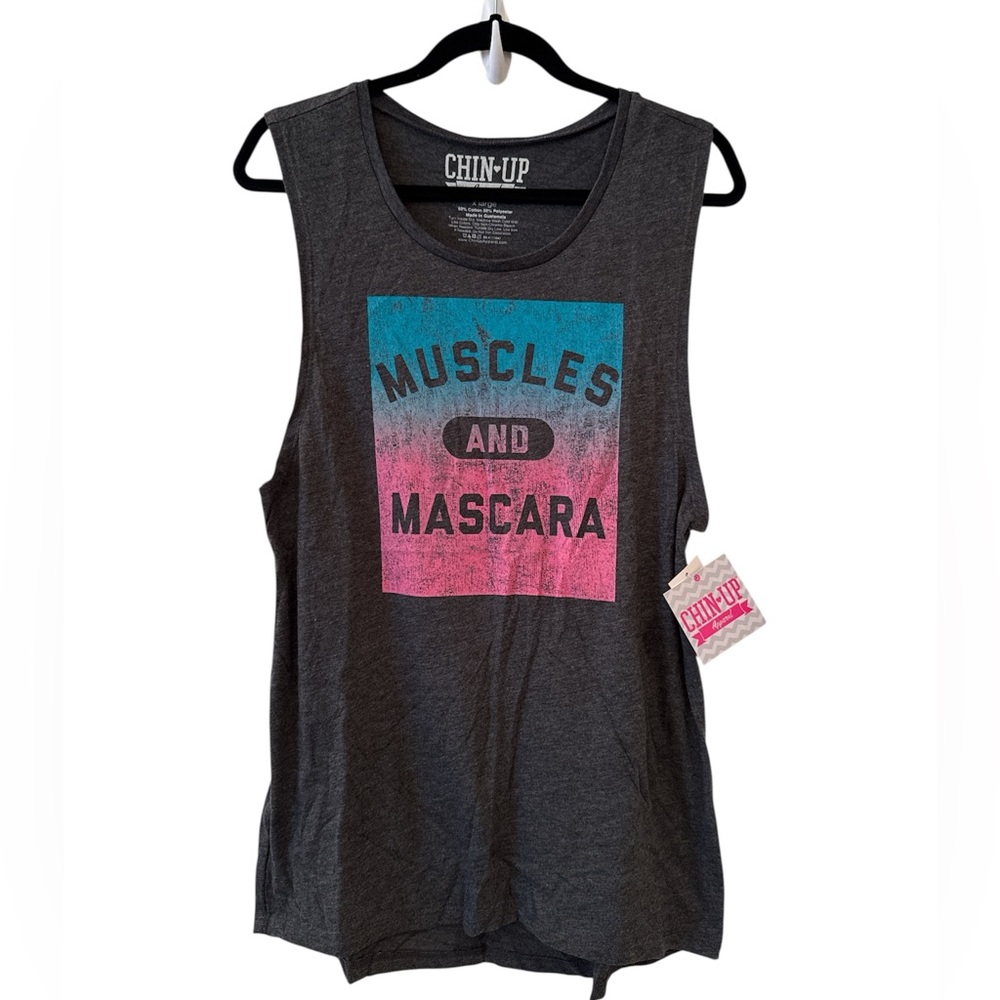 ⭐️NWT⭐️Muscles & Mascara Chin-Up Gray Tank Top with Pink and Blue Graphic